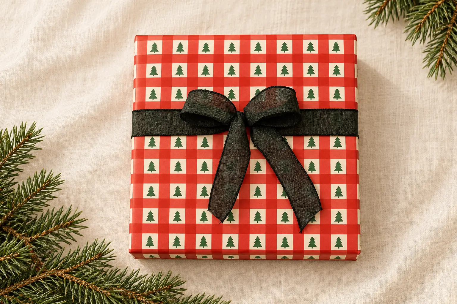 Gift wrapped in red and white checked paper printed with small green Christmas trees and finished with a black ribbon bow, resting on ivory linen with pine branches